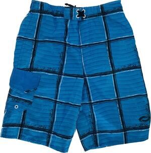 O Rageous Swim Trunks Boy S 14/16 L Blue Plaid Stripe Elastic & Tie Waist Pocket